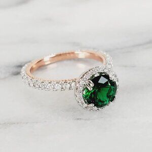 NEW Two‎ Tone Round Emerald Diamond Halo Ring